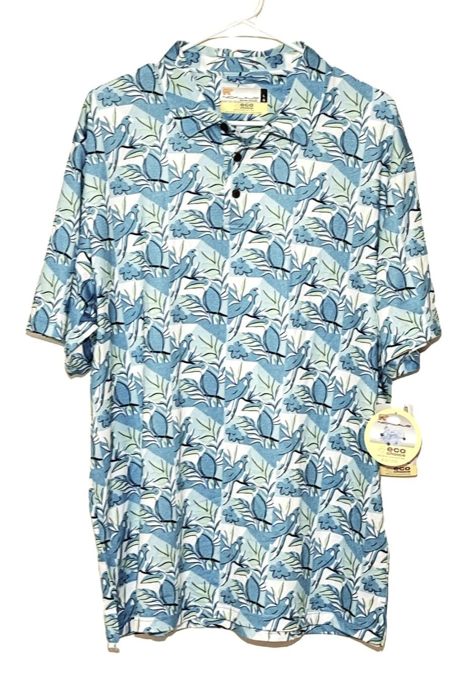 NWT Nicklaus Eco Choice Golf Polo Shirt L Blue Tropical Bird Palm Performance